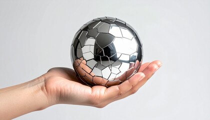 Hand gently cupping a reflective metallic sphere composed of interlocking polygonal segments—set against plain white background, evoking craftsmanship, technological elegance, and the contrast between