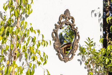 Elegant Vintage Mirror Framed in Intricate Gold Design Reflecting Lush Greenery and Natural Beauty Against a Crisp White Wall in a Serene Outdoor Setting