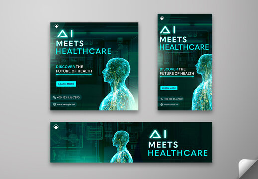 AI Meets Healthcare Social Media Post Template and Web Banner with Discover the Future of Health Message, Editable Design.