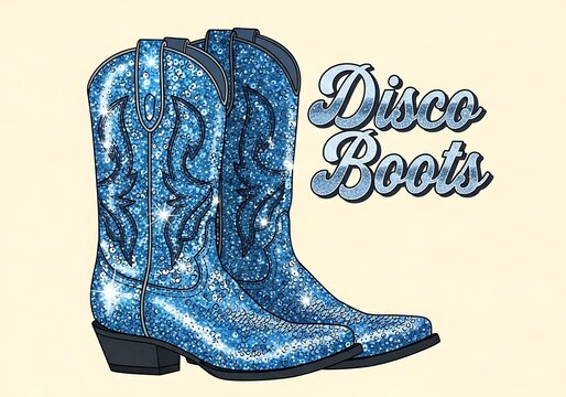 Sparkling Blue Glitter Disco Boots with 'Disco Boots' Typography, Merging Western Aesthetic with 70s Party Vibe
