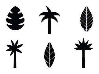 Tropical Palm Tree and Leaf Vector Icons. Palm Tree Silhouette Vector. Tropical Leaf Illustration