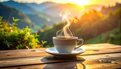 Steaming Coffee Cup on Rustic Wood Table with Mountain View at Sunrise Golden Light