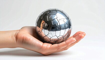 Hand gently cupping a reflective metallic sphere composed of interlocking polygonal segments—set against plain white background, evoking craftsmanship, technological elegance, and the contrast between