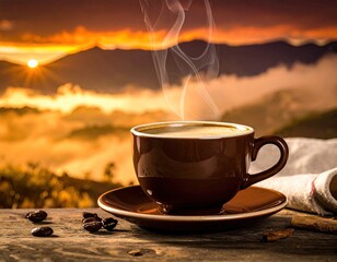 Steaming Coffee Cup on Rustic Wood with Mountain Sunrise Background Warm Light and Golden Sky Creates Relaxing and Serene Morning Ambiance