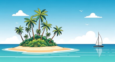 Tropical Island Paradise with Palm Trees and Sailboat.