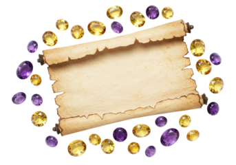 Old parchment scroll isolated with amethyst and citrine gemstones, antique paper for treasure map or fantasy game asset