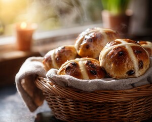 Basket of freshly baked hot cross buns with steam rising, creating warm and inviting atmosphere. buns are golden brown with cross on top, placed in woven basket