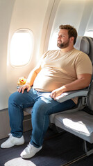 Fototapeta premium Relaxed man enjoying a snack while seated next to the window on an airplane during daytime flight