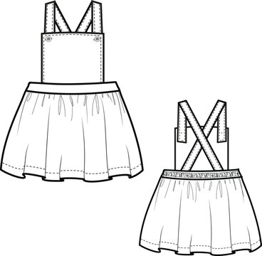 NEWBORN GIRLS SKIRT WITH DUNGAREE TOP. ULTRA MODERN SKART WITH RETRO VIBE. ALL TIME CLOTHING SKIRT. VECTOR FLAT DRAWING CAD.