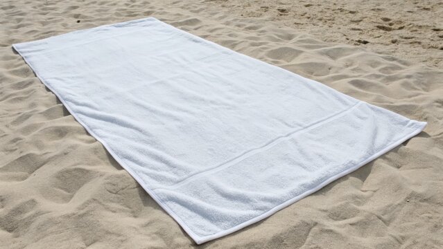 White towel spread on sandy beach for relaxation and sunbathing