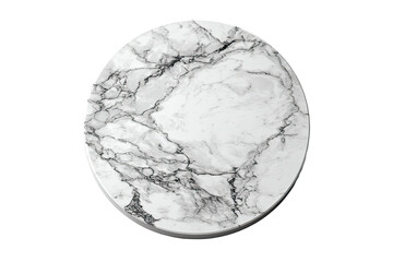 A round, marble-patterned accessory, white and grey swirls against a black background