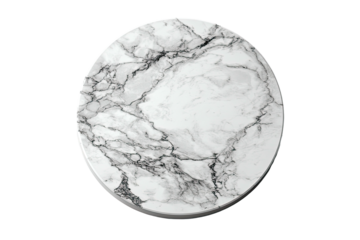 A round, marble-patterned accessory, white and grey swirls against a black background