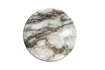 Circular marble surface with veining patterns of white, gray, and gold against a black background
