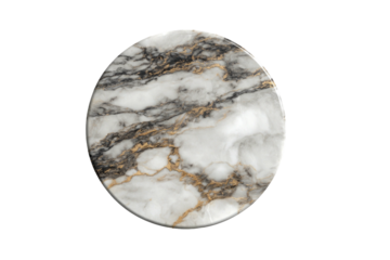 Circular marble surface with veining patterns of white, gray, and gold against a black background