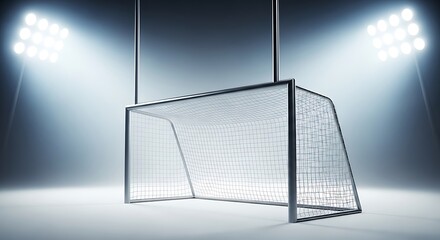 An empty football goal stands on a pitch, dramatically illuminated by bright stadium floodlights.