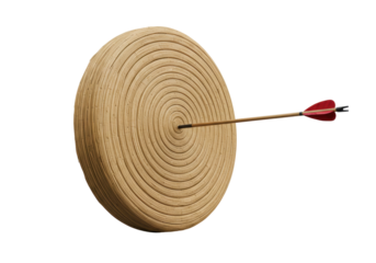 Arrow hitting center of archery target isolated on transparent background, bullseye success and achievement concept