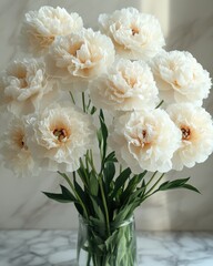 Elegant White Peony Bouquet in Clear Glass Vase on Marble Background peony bouquet vase elegant gift
