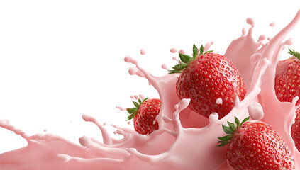 Bright red strawberries burst from pink liquid, creating a dynamic splash against a black background
