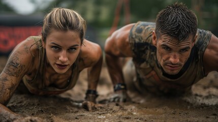 Athletic couple crawling through muddy obstacle course with determination and teamwork. challenging race environment highlights their strength and endurance