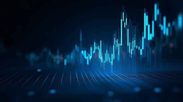Glowing blue abstract stock market visualization with neon candlestick patterns and grid lines creates futuristic financial analysis concept