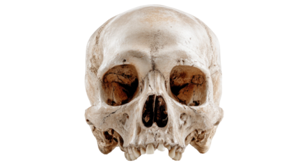 A frontal view of a human skull, showcasing bone structure and empty eye sockets against a black void