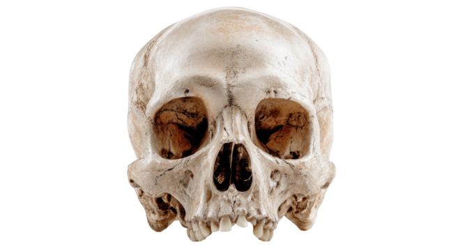 A frontal view of a human skull, showcasing bone structure and empty eye sockets against a black void