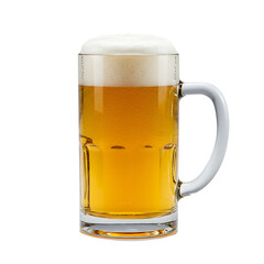 Cold beer in clear mug with foamy head on white background  