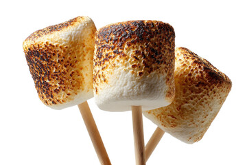 Close-up of three toasted marshmallows on wooden sticks, against a black background