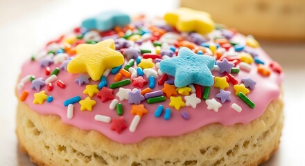 Delicious pink frosted donut with colorful star sprinkles.