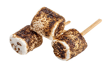 Three roasted marshmallow squares on wooden sticks, presented against a transparent black background
