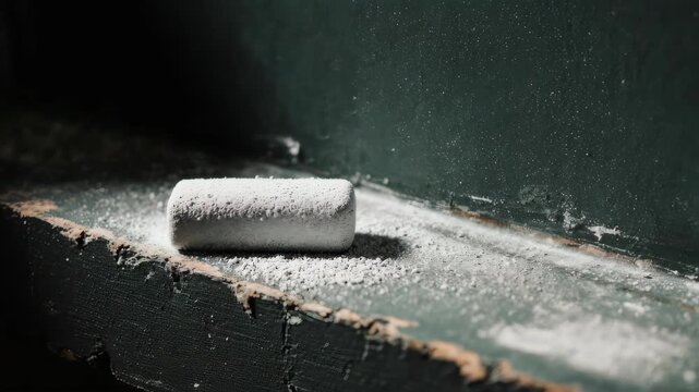 A white chalk rectangle rests on a dusty, dark surface in a dramatic, dimly lit scene