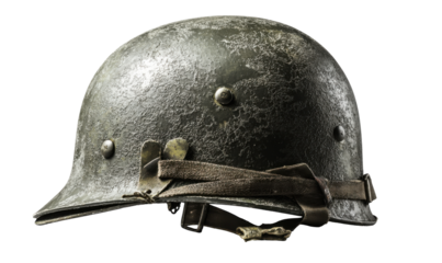 Close-up of a weathered military helmet, showing details of the metal and straps.