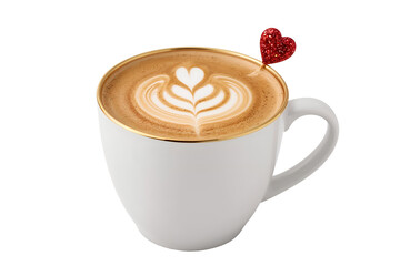 White coffee mug with latte art and red glitter heart isolated on a transparent background