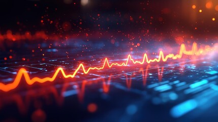 Abstract red waveform glows above futuristic blue grid; bokeh flares