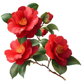 Stunning Vibrant Red Camellia Flowers with Glossy Green Leaves
