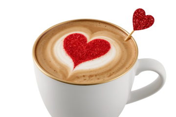White coffee cup with red glitter heart latte art and heart pick isolated on a transparent background