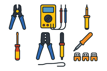 Electrical Tools Icons. Flat vector icons of electrical repair tools: wire stripper, multimeter, voltage tester, insulated