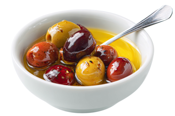 A white bowl holds mixed, marinated olives in oil, a spoon rests within