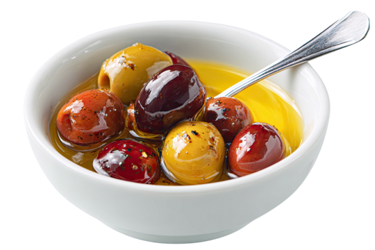 A white bowl holds mixed, marinated olives in oil, a spoon rests within - Powered by Adobe