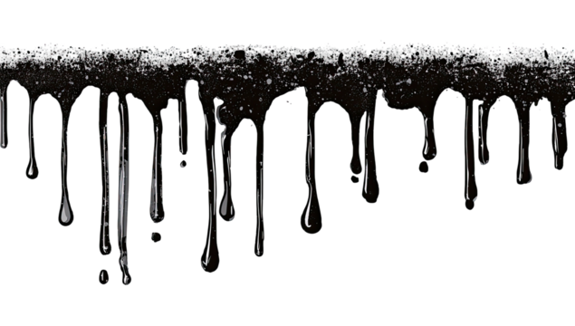 Black, textured surface with dangling dark liquid droplets, snowy particles across the top