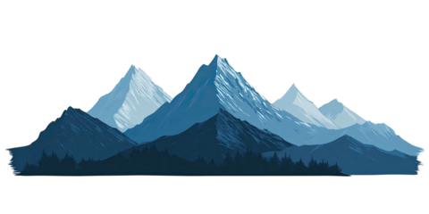 A stylized illustration of mountain peaks in shades of blue, with a forest at the base