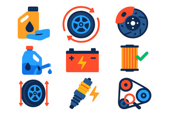 Car Maintenance Icons. Flat vector icons of car maintenance tasks: oil change, tyre rotation, brake pad replacement, coolant