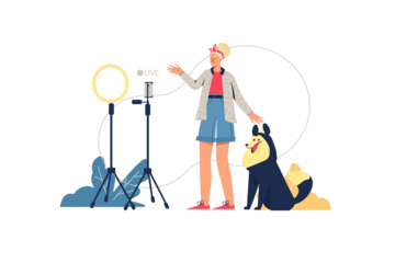 Blonde Woman Streaming with Dark Furry Dog on Transparent Background Using Ring Light and Phone on Tripod Creating Content for Social Media