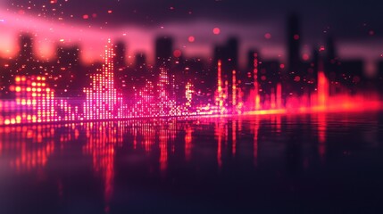Abstract skyline reflection, glowing red equalizer bars over water