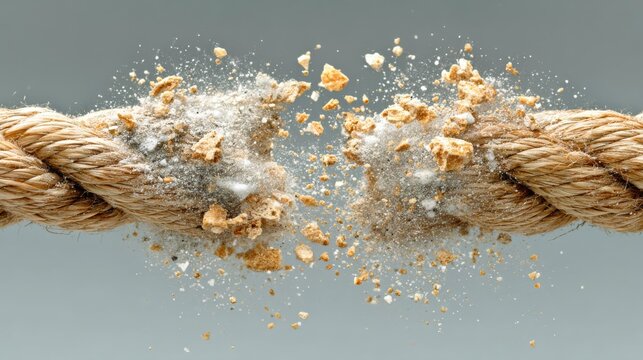 Broken Rope stretched with force and stressed to a breaking point as a fragility metaphor of a thin connection under pressure and weakness or anxiety as a rupture breaking apart as strength or vulnera