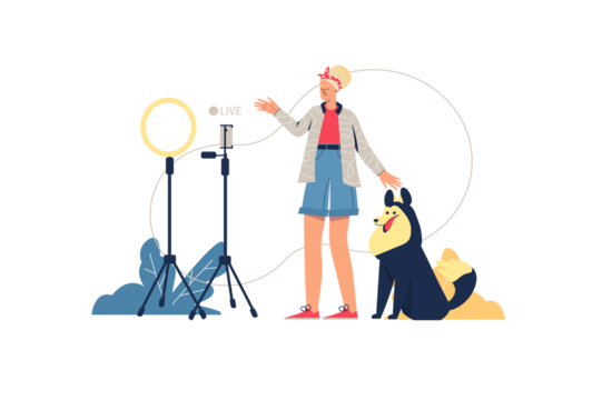 Blonde Woman Streaming with Dark Furry Dog on Transparent Background Using Ring Light and Phone on Tripod Creating Content for Social Media - Powered by Adobe