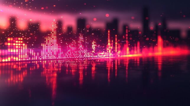 Abstract skyline reflection, glowing red equalizer bars over water