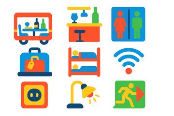 Obraz premium Modern Onboard Service Icons. Flat vector icons of onboard services: dining car, bar counter, restrooms, baggage compartment,