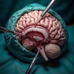 A close up macro shot of a delicate neurosurgery procedure showing the intricate folds of the human brain under bright lights