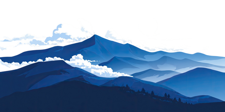 A stylized, minimalist landscape features layers of blue mountain ranges under a cloudy sky with a crescent moon